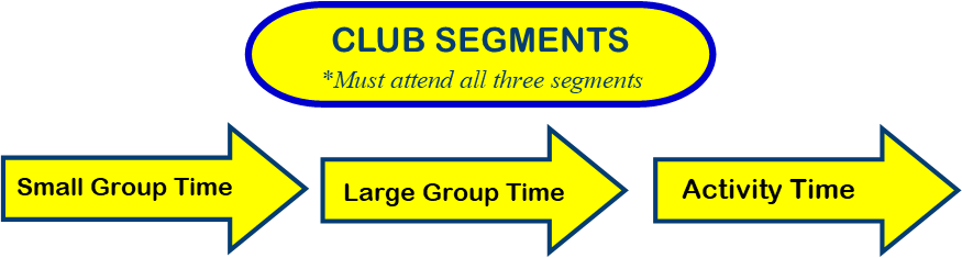 Club Segments, Kids must attend all three segments: Small Group TIme; Large Group Time; Activity Time